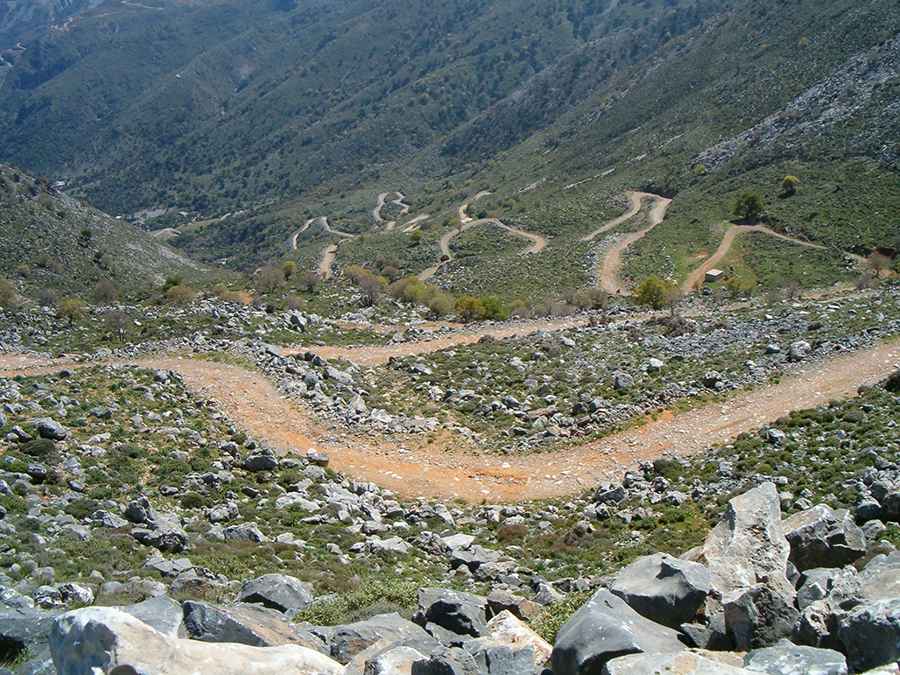 A winding unpaved road to Omanite Peak on Crete