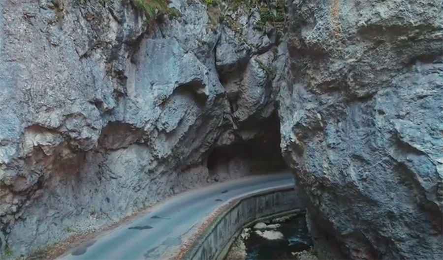 Driving through Buynovo Gorge, a Bulgarian cliff road