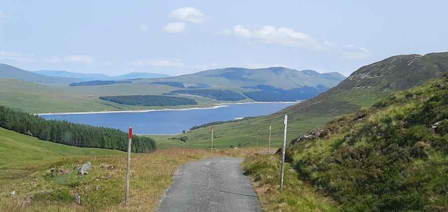 Loch Ericht: the road drops down to the lake