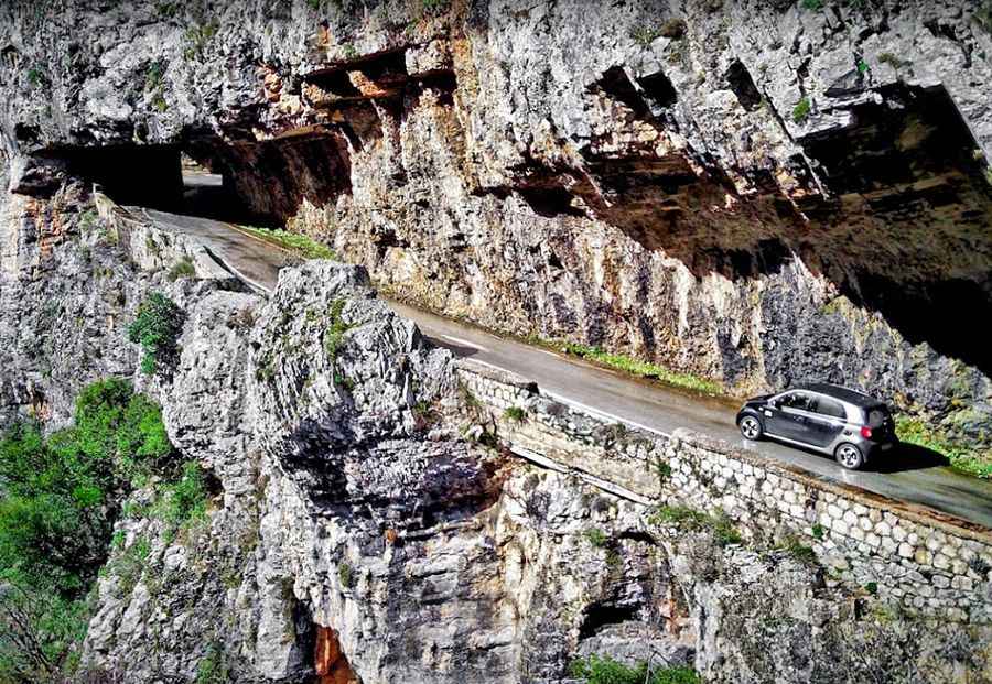 The stunning road with overhanging cliffs to Langada Pass in the Peloponnese